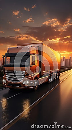 Sunrise delivery scene 3D rendered trucks rear view on road, cityscape backdrop, signifies efficiency Stock Photo