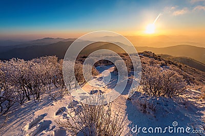 Sunrise on Deogyusan mountains covered with snow in winter,South Korea Stock Photo