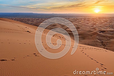 Sunrise in Erg Chebbi Sand dunes near Merzouga, Morocco Stock Photo