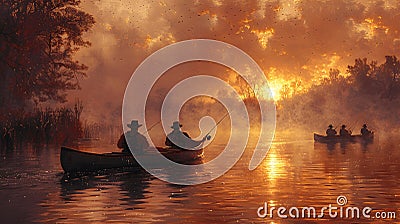 Sunrise fishing trip on a peaceful lake. Stock Photo