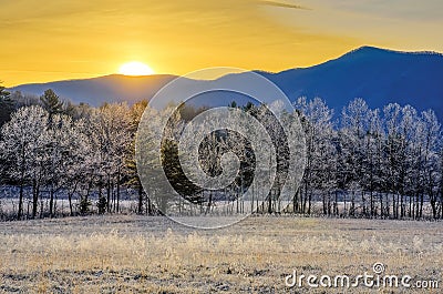 Sunrise and frost, Cades Cove, Smoky Mountains. Stock Photo