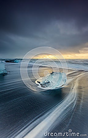 Sunrise at ice beach jokulsarlon, Iceland. Stock Photo