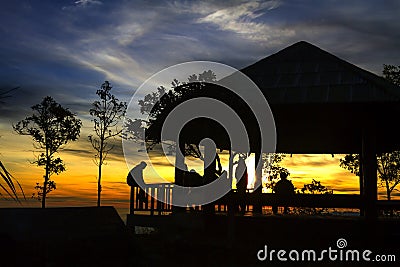 Sunrise idyllice silhouette group traveler Stock Photo