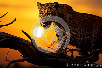 Sunrise illuminates the regal presence of a prowling leopard Stock Photo