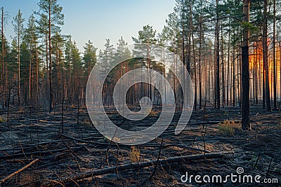 Sunrise Illuminating a Burnt Forest Landscape Highlighting Environmental Concerns and Regrowth Stock Photo