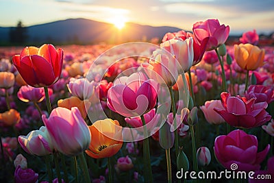 Sunrise illuminating a stunning tulip landscape, go green images Stock Photo
