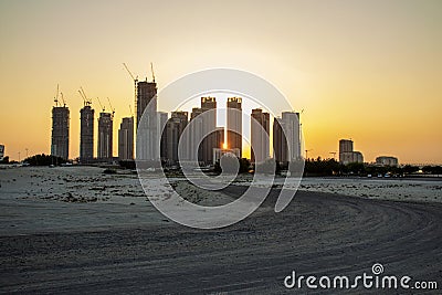 Sunrise in Jadaf area of Dubai, view of Dubai creek Harbor construction of which is partially completed Stock Photo