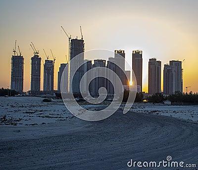 Sunrise in Jadaf area of Dubai, view of Dubai creek Harbor construction of which is partially completed Stock Photo