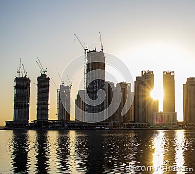 Sunrise in Jadaf area of Dubai, view of Dubai creek Harbor construction of which is partially completed Stock Photo