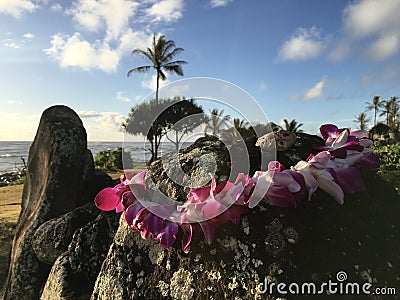 Sunrise in June at Hikinaakala Heiau in Wailua on Kauai Island, Hawaii. Stock Photo