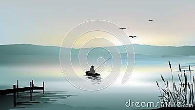 Sunrise on the lake and a fisherman boat. Vector Illustration