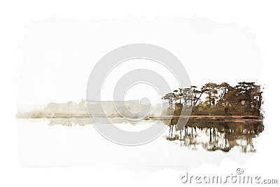 Sunrise with lake and forest, mixed media image of watercolor and photo Stock Photo