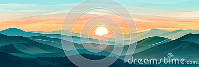 Sunrise Landscape Flat Illustration, Color Dawn in Mountains, Sunset Sun Beams Landscape Stock Photo