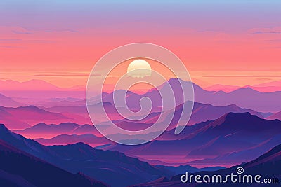 Sunrise Landscape Flat Illustration, Color Dawn in Mountains, Sunset Sun Beams Landscape Stock Photo