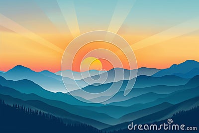 Sunrise Landscape Flat Illustration, Color Dawn in Mountains, Sunset Sun Beams Landscape Stock Photo