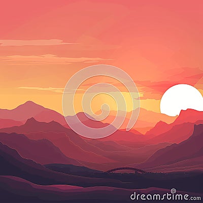 Sunrise Landscape Flat Illustration, Color Dawn in Mountains, Sunset Sun Beams Landscape Stock Photo