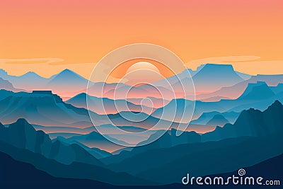 Sunrise Landscape Flat Illustration, Color Dawn in Mountains, Sunset Sun Beams Landscape Stock Photo