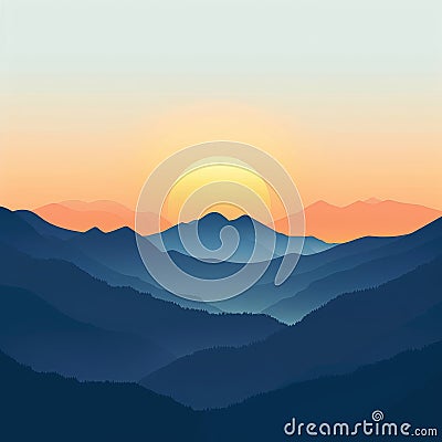 Sunrise Landscape Flat Illustration, Color Dawn in Mountains, Sunset Sun Beams Landscape Stock Photo