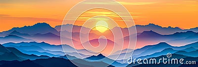 Sunrise Landscape Flat Illustration, Color Dawn in Mountains, Sunset Sun Beams Landscape Stock Photo