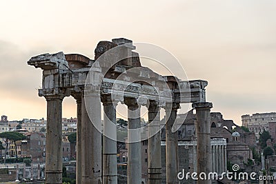 Sunrise landscapes of the empty Roman Forum, view of the Temple of Vespasian and Titus Stock Photo