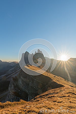 Sunrise landscapes in Seceda with clear blue sky in Dolomites, South Tyrol, Italy Stock Photo