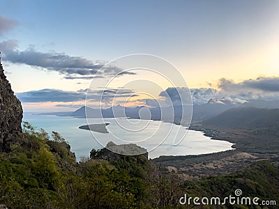 Sunrise from Le Morne Brabant Mountain, UNESCO World Heritage Site basaltic mountain with a summit of 556 metres, Mauritius Stock Photo