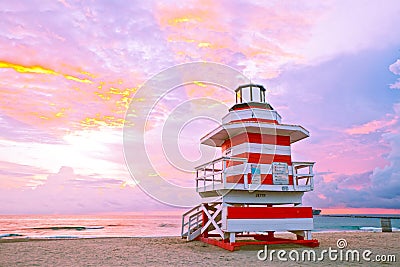 Sunrise in Miami Beach Florida, with a colorful lifeguard hous Stock Photo