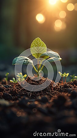 Sunrise miracle, plant sprouts, morning rays nurture, natures gentle rebirth Stock Photo