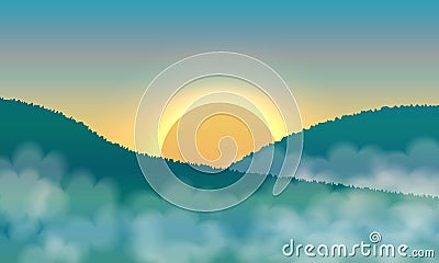 Sunrise and mist in the mountains. Vector Illustration