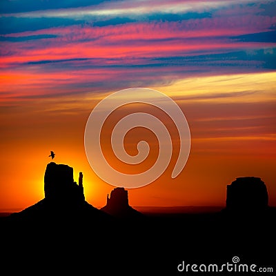 Sunrise at Monument Valley at Mittens and Merrick Butte Stock Photo