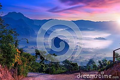 Sunrise and morning mist at Pha Chang Noi Viewpoint, Phu Langka National Park, Phayao Province, Thailand Stock Photo