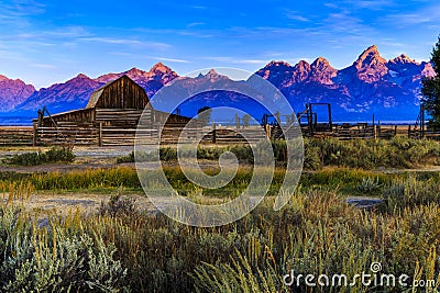 Sunrise at Moulton Barn Jackson Hole Stock Photo