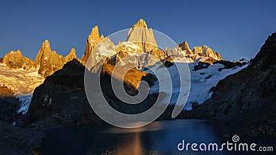 Sunrise at Mount Fitz Roy Chalten, Patagonia Argentina. Laguna de los Tres Stock Photo