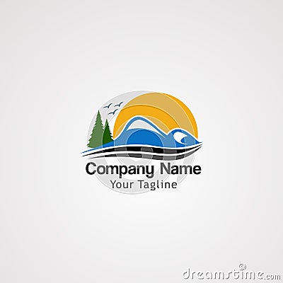 Sunrise mountain with flying birds logo vector, icon element, and template for company Vector Illustration