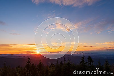 Sunrise on mountain Lysa Hora at mountains Beskydy, Czech republi Stock Photo