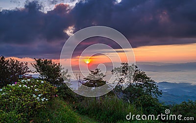 Sunrise at mountain terrain in a sea of mist, on cloudy sky. Beautiful panoramic view of highland. Stock Photo