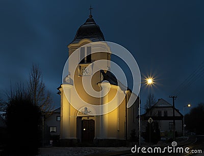 Sunrise near Ctibor and Halze villages in cold snowy morning with chapel Stock Photo