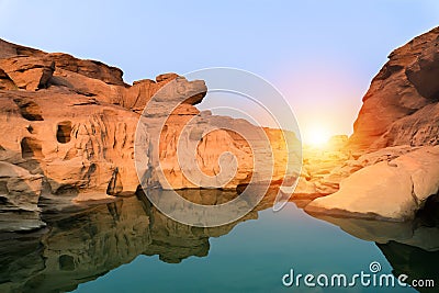 Sunrise new day at Sam Phan Bok, as known as the Grand Canyon of Thailand, the biggest rock reef in the Mae Khong River Stock Photo