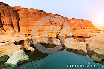Sunrise new day at Sam Phan Bok, as known as the Grand Canyon of Thailand, the biggest rock reef in the Mae Khong River Stock Photo