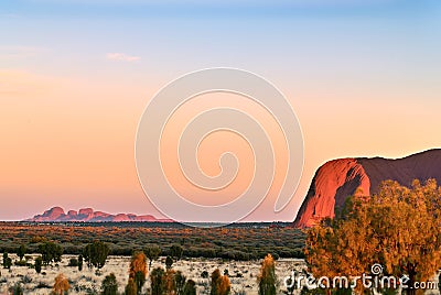 Sunrise at The Olgas Kata Tjuta and Uluru Ayers Rock. Northern Territory. Australia Editorial Stock Photo