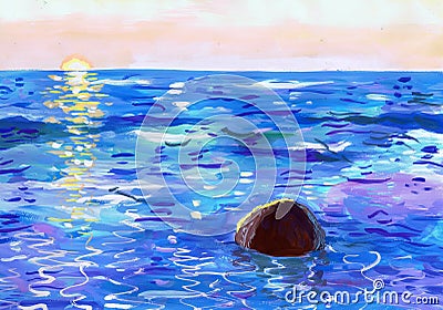 Sunrise over the Baltic Sea. Children`s drawing Stock Photo
