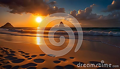 Sunrise over the beach in Mexico, beach holiday on the ocean, beautiful waves and palm trees, Cartoon Illustration