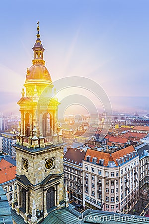 Sunrise over Budapest At Winter, Aerial View Hungary Stock Photo