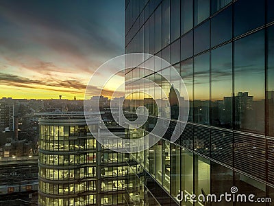 Sunrise over the business district of the city Stock Photo