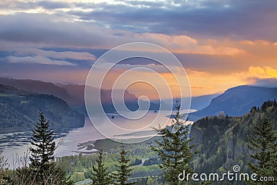 Sunrise Over Crown Point at Columbia River Gorge Stock Photo