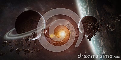 Sunrise over distant planet system in space 3D rendering element Stock Photo