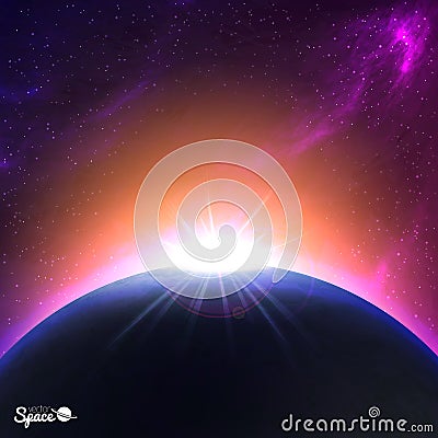 Sunrise over Earth-like planet. Colorful Space background. Vector illustration for your artwork. Vector Illustration