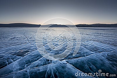 Sunrise over frozen lake Khuvsgul in northern Mongolia Stock Photo