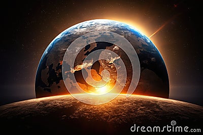 a sunrise over a globe, with the sun rising from behind the earth and illuminating it. Stock Photo