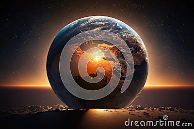 a sunrise over a globe, with the sun rising from behind the earth and illuminating it. Stock Photo